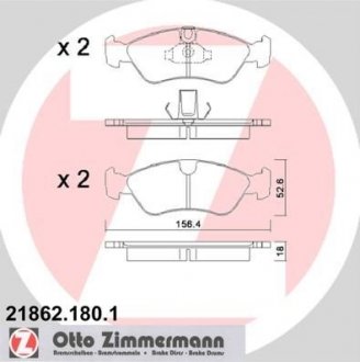 Комплект гальмівних колодок, дискове гальмо - Otto Zimmermann GmbH 21862.180.1 (фото 1)