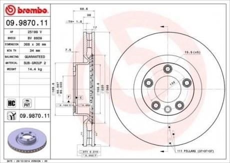 Гальмівний диск вентильований BM Brembo 09.9870.11 (фото 1)