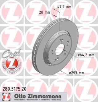Гальмівний диск передній Honda Civic VII-VIII-CR-V Zimmermann Otto Zimmermann GmbH 280317520