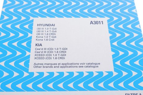 HYUNDAI Фільтр повітряний Elantra 1.6/2.0 GDI 15-,i30 1.0/2.0 11-,Kia Ceed 18- PURFLUX A3011 (фото 1)